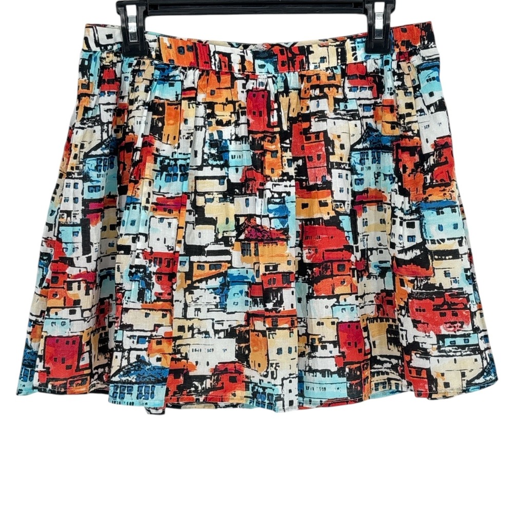 Ambar Multi Color Cityscape Print Mini Skirt Cotton Lined Size 6 Vacation Resort